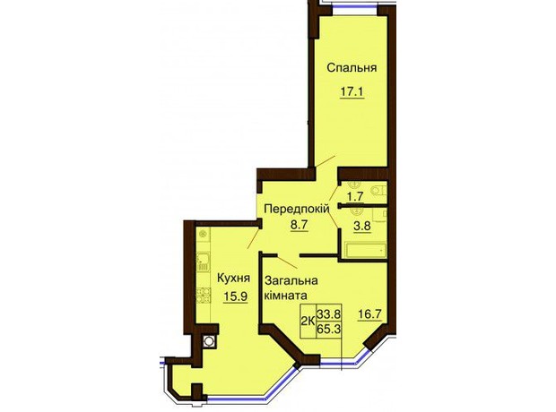 ЖК София Клубный: планировка 2-комнатной квартиры 64.7 м²