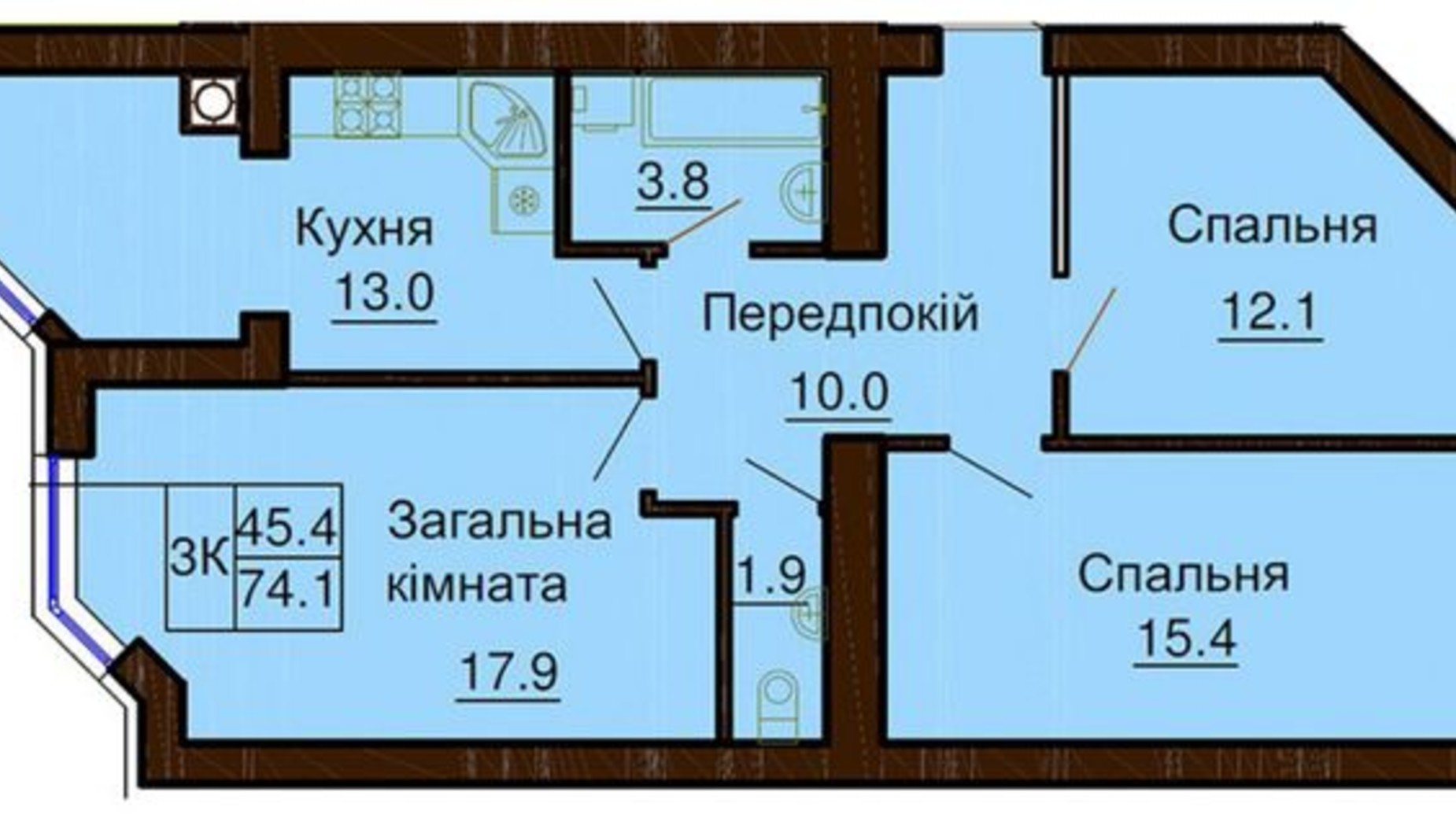 Планировка 3-комнатной квартиры в ЖК София Клубный 74.1 м², фото 366602
