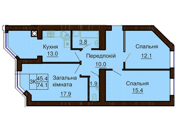 ЖК София Клубный: планировка 3-комнатной квартиры 74.1 м²