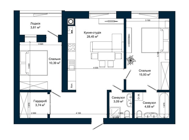 ЖК Атмосфера: планування 2-кімнатної квартири 70.09 м²