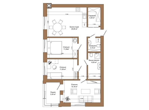 ЖК Атмосфера: планировка 3-комнатной квартиры 85.97 м²