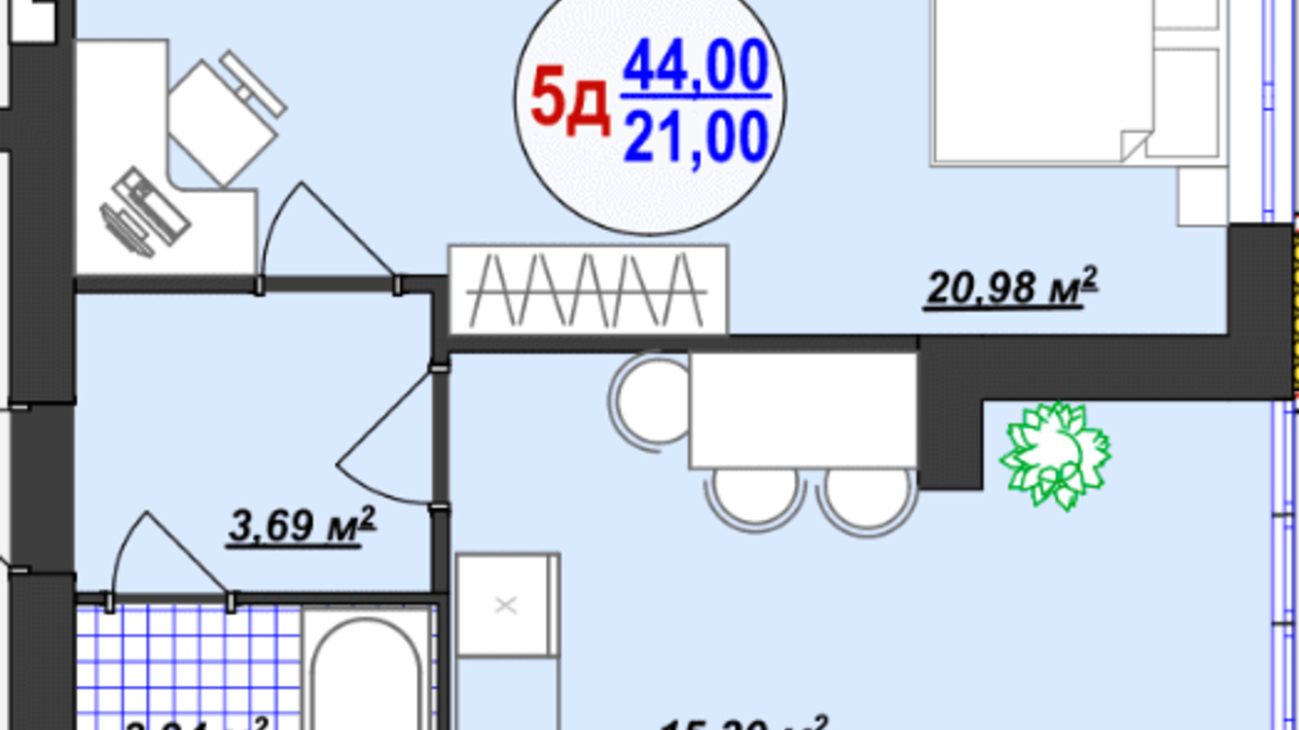 Планировка 1-комнатной квартиры в ЖК Кемпинг Сити 44 м², фото 366687