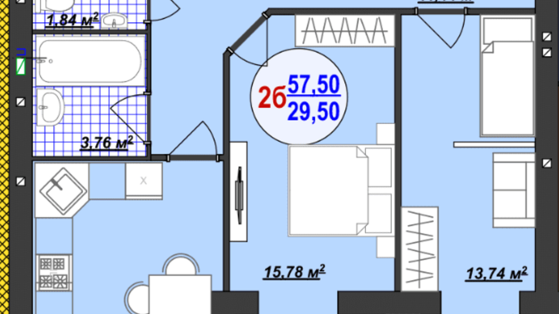 Планировка 2-комнатной квартиры в ЖК Кемпинг Сити 57.5 м², фото 366696