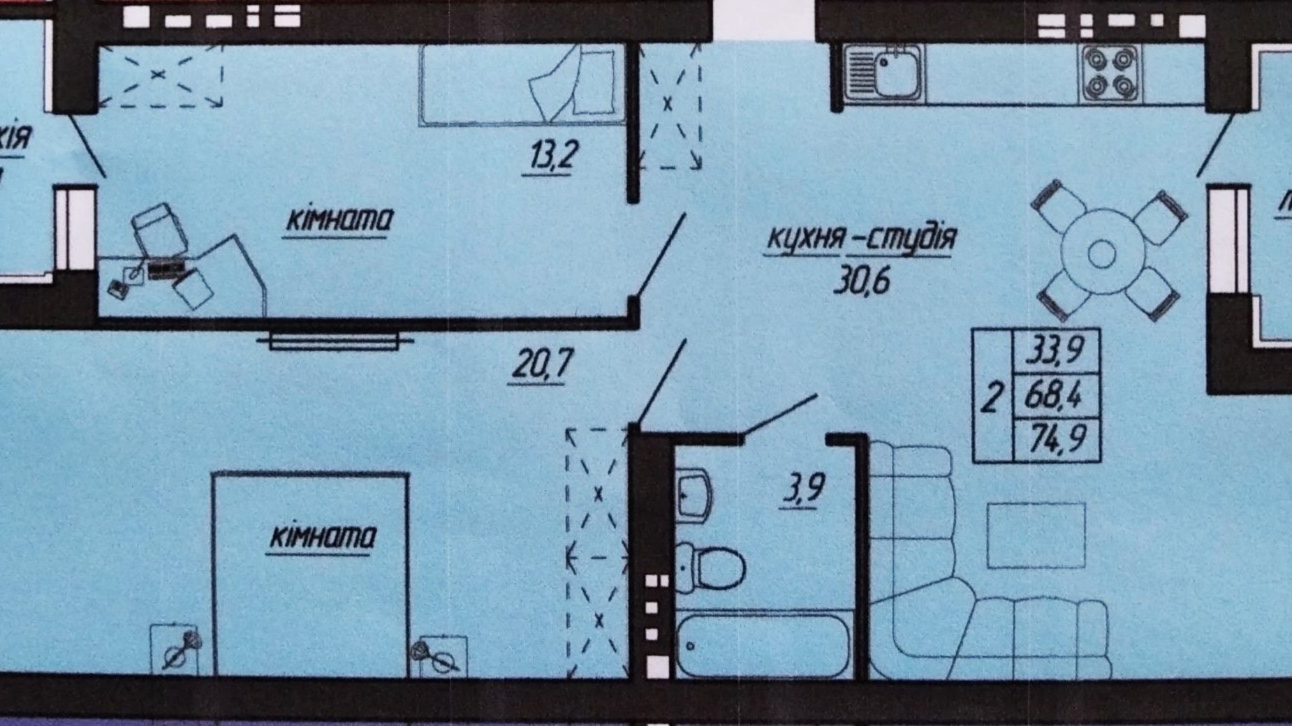 Планировка 2-комнатной квартиры в ЖК Панорама 74.9 м², фото 366737