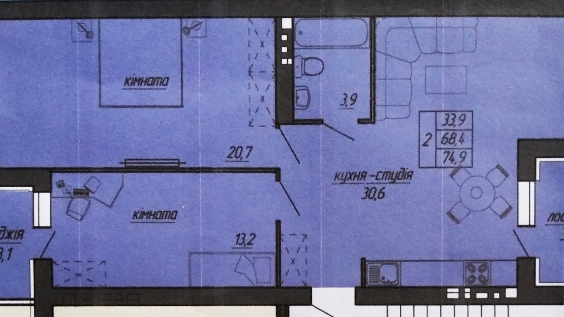 Планировка 2-комнатной квартиры в ЖК Панорама 74.9 м², фото 366739