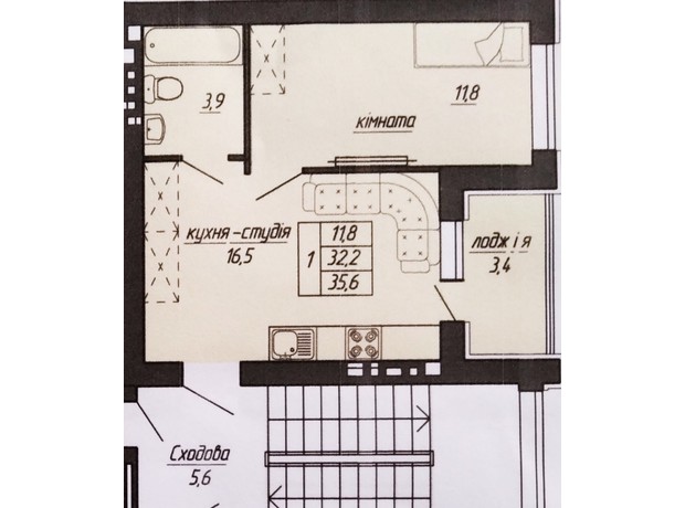 ЖК Панорама: планировка 1-комнатной квартиры 35.6 м²