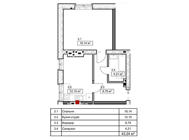 ЖК FreeDom: планировка 1-комнатной квартиры 43.24 м²
