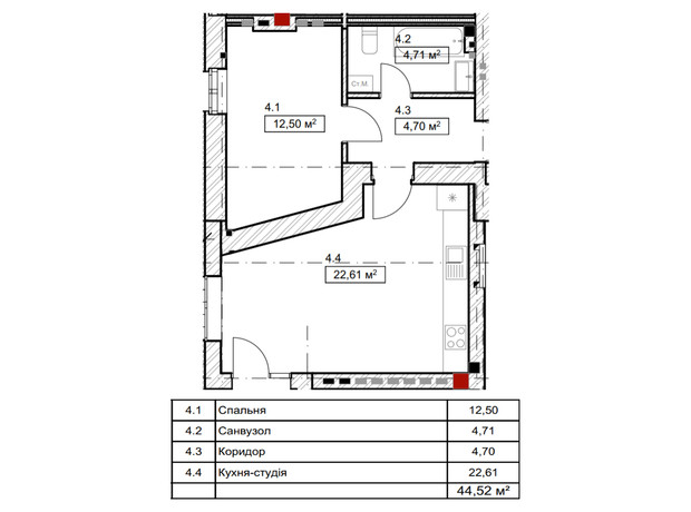 ЖК FreeDom: планировка 1-комнатной квартиры 44.52 м²