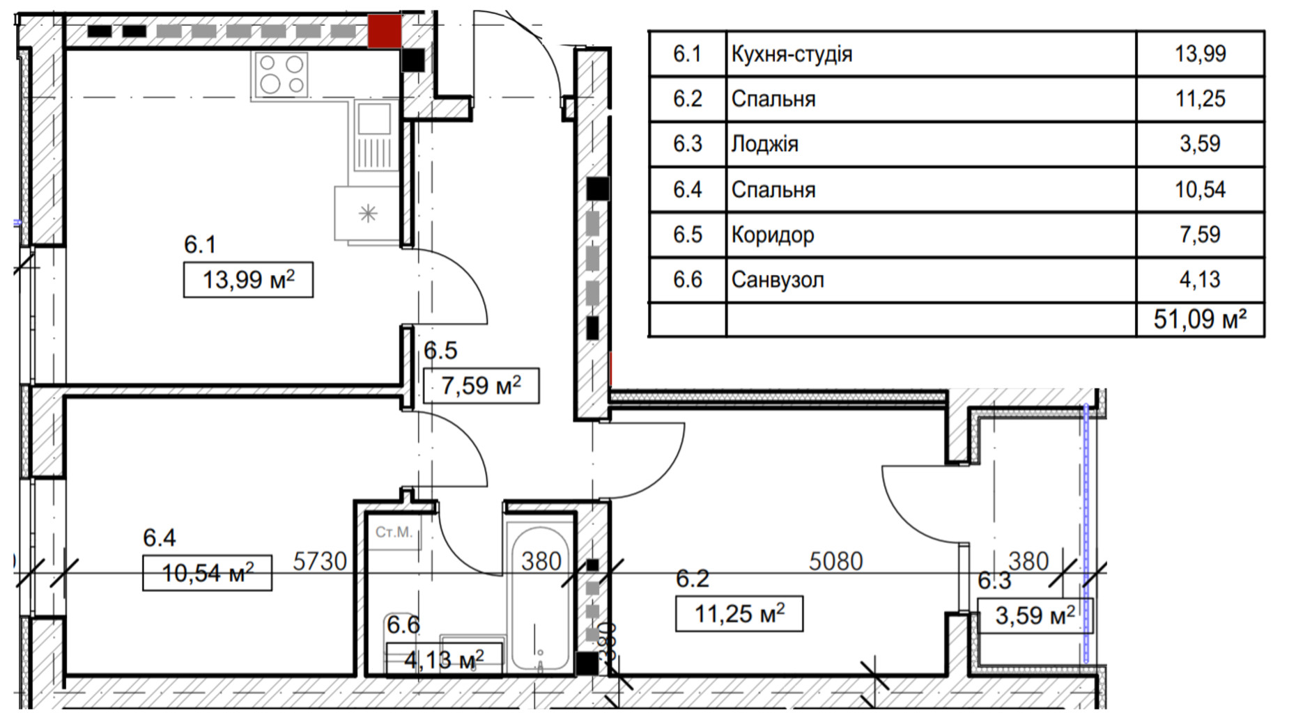Планировка 2-комнатной квартиры в ЖК FreeDom 50.54 м², фото 366863