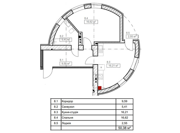 ЖК FreeDom: планировка 1-комнатной квартиры 50.38 м²