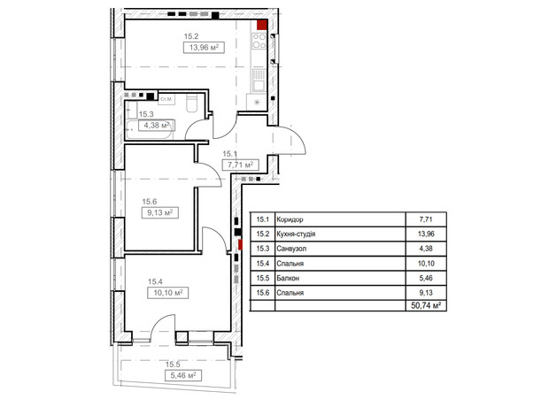 ЖК FreeDom: планировка 2-комнатной квартиры 42.56 м²