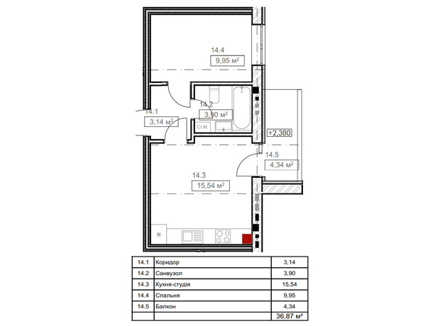 ЖК FreeDom: планування 1-кімнатної квартири 36.72 м²