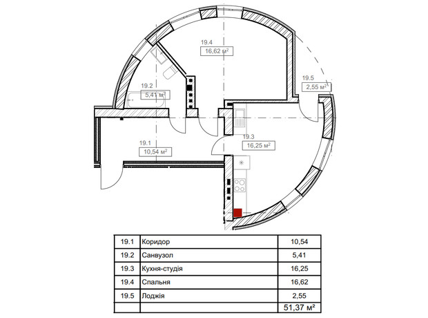 ЖК FreeDom: планировка 1-комнатной квартиры 51.37 м²