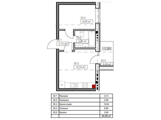 ЖК FreeDom: планировка 1-комнатной квартиры 35.19 м²