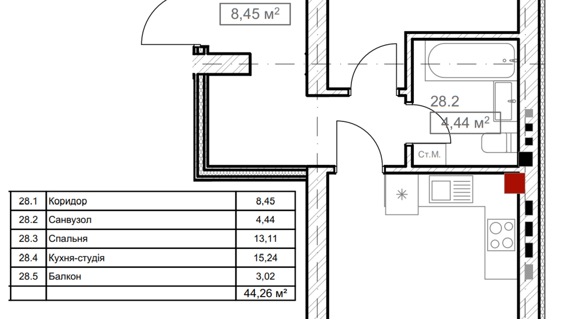Планировка 1-комнатной квартиры в ЖК FreeDom 41.56 м², фото 366894