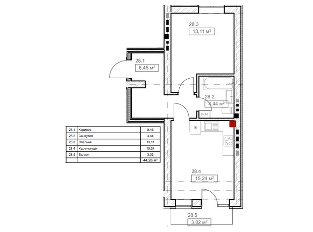 ЖК FreeDom: планування 1-кімнатної квартири 41.56 м²