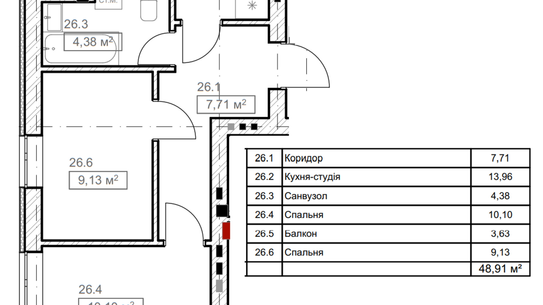 Планування 1-кімнатної квартири в ЖК FreeDom 42.56 м², фото 366896