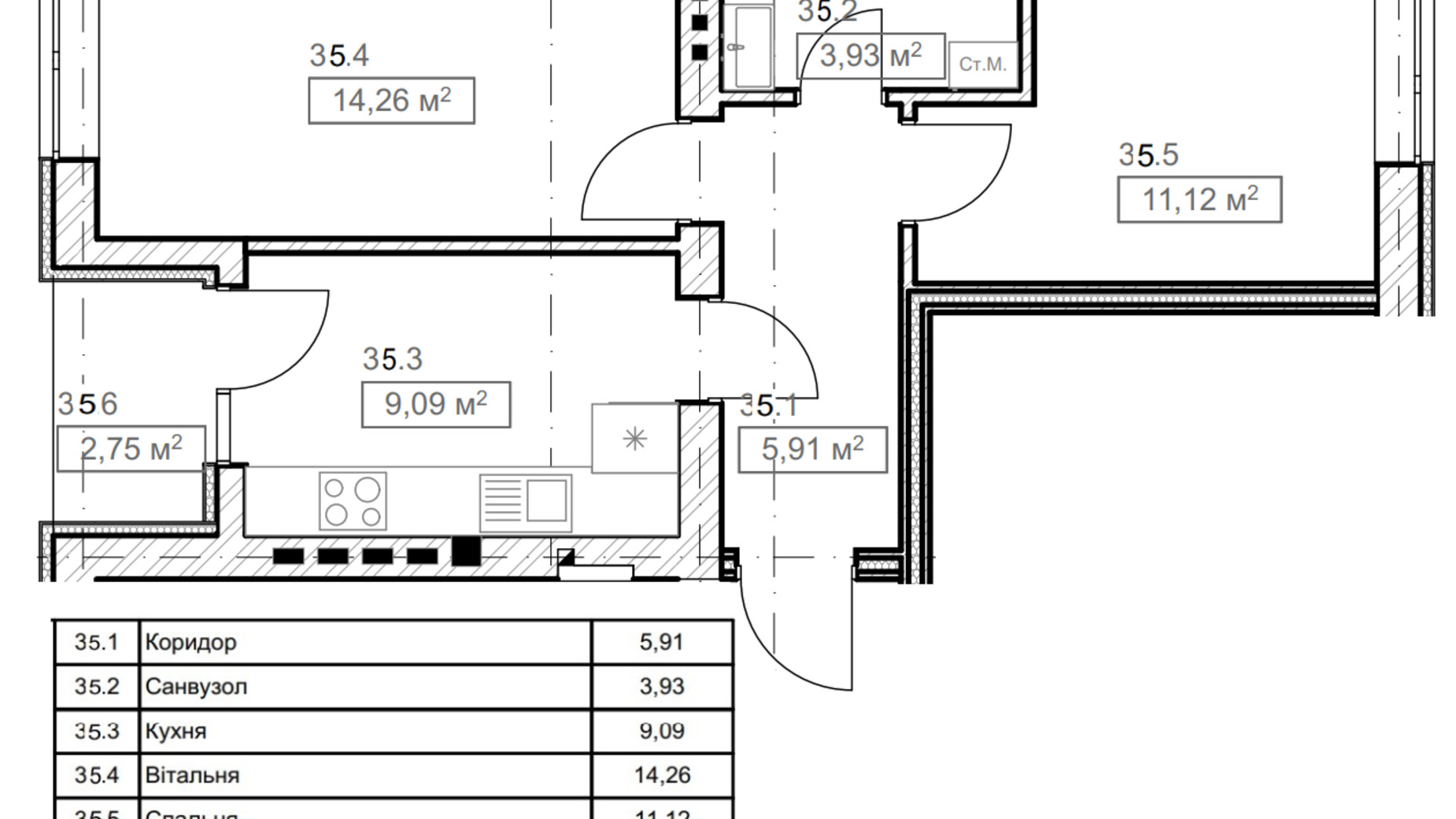 Планировка 2-комнатной квартиры в ЖК FreeDom 57.33 м², фото 366901