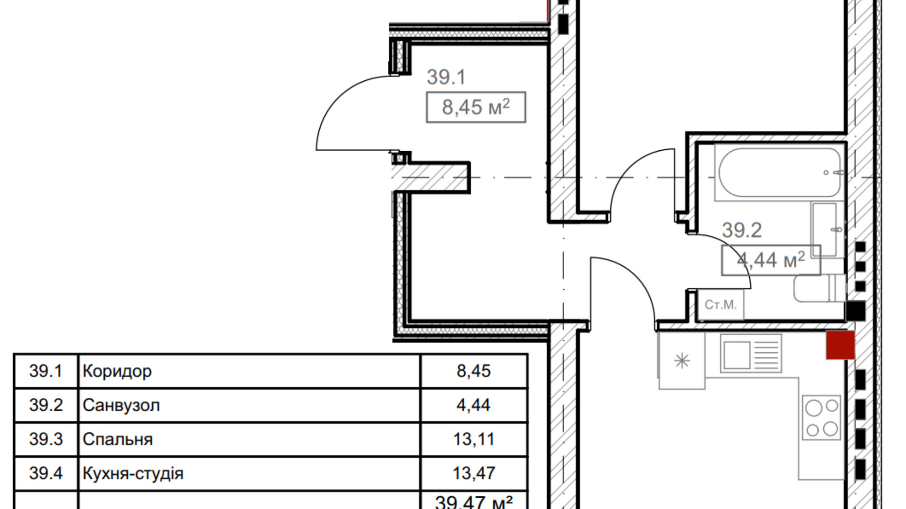 Планування 1-кімнатної квартири в ЖК FreeDom 41.56 м², фото 366905