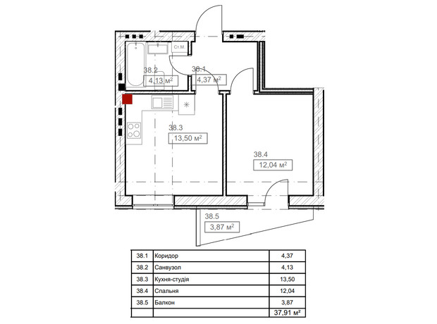 ЖК FreeDom: планировка 1-комнатной квартиры 33.57 м²