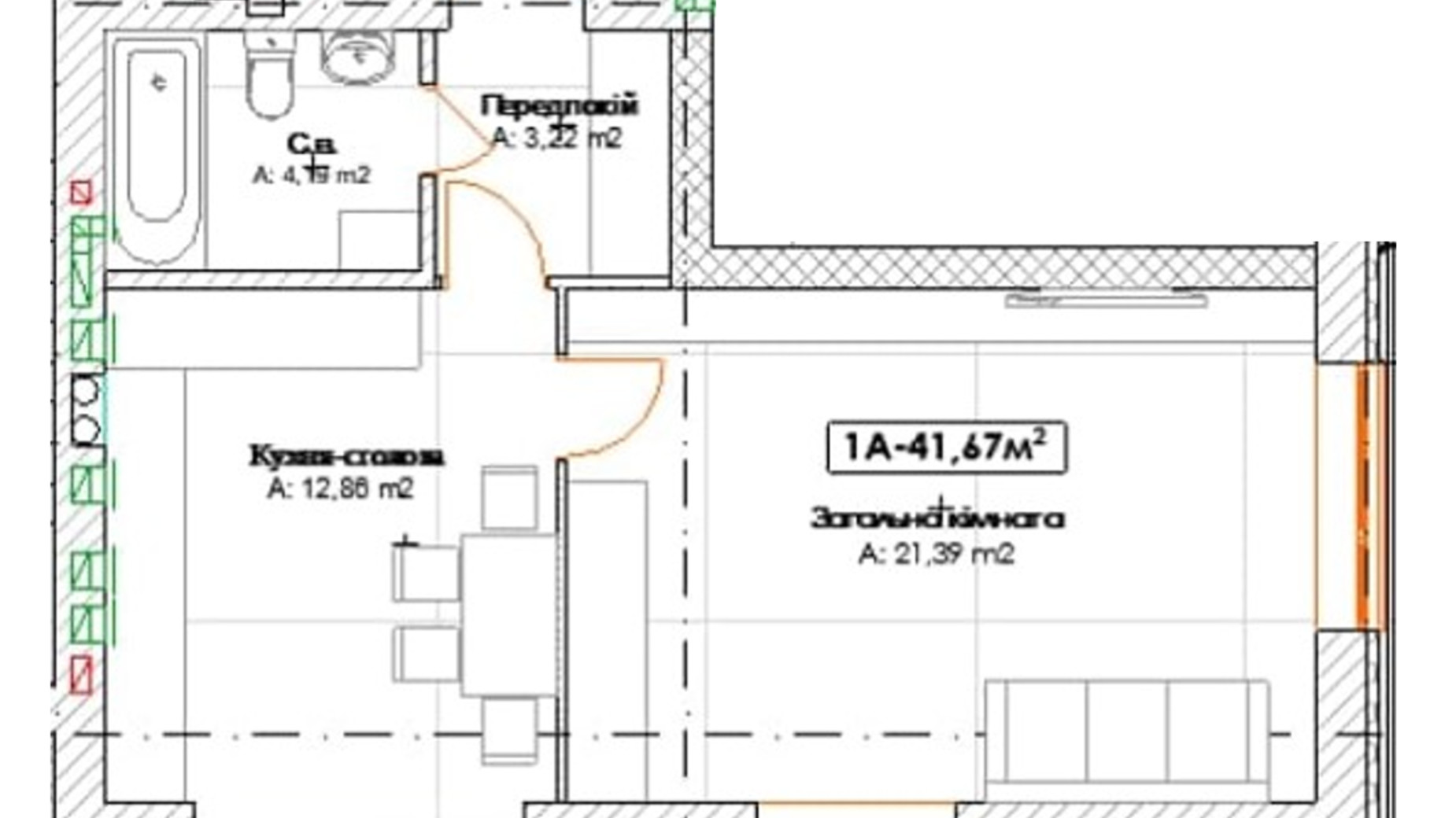 Планировка 1-комнатной квартиры в КД  Поема 42 м², фото 367113