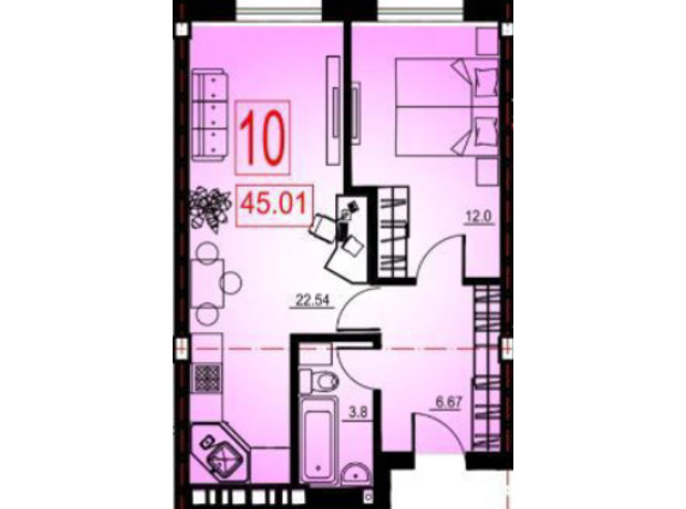 ЖК Комфорт Парк: планування 1-кімнатної квартири 45.01 м²