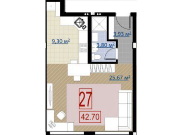 ЖК Комфорт Парк: планування 1-кімнатної квартири 42.7 м²