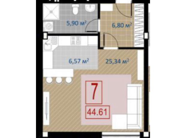 ЖК Комфорт Парк: планировка 1-комнатной квартиры 44.61 м²