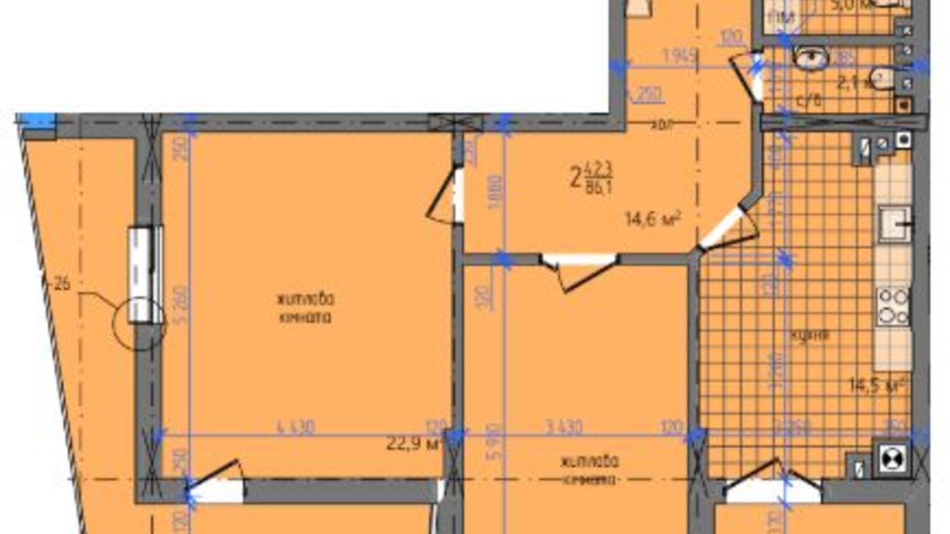 Планировка 2-комнатной квартиры в ЖК ул. Южно-Кольцевая, 5л 86.1 м², фото 367394