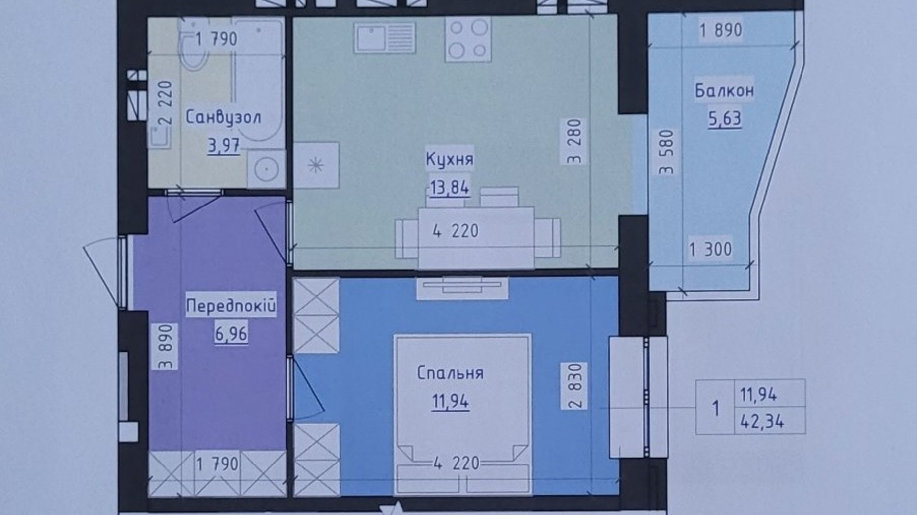 Планировка 1-комнатной квартиры в ЖК Престиж 42.34 м², фото 367438