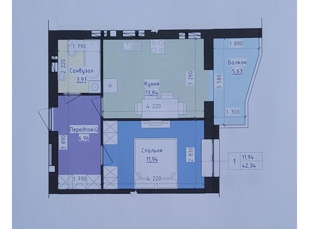 ЖК Престиж: планування 1-кімнатної квартири 42.34 м²