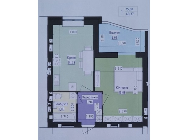 ЖК Престиж: планировка 1-комнатной квартиры 43.37 м²