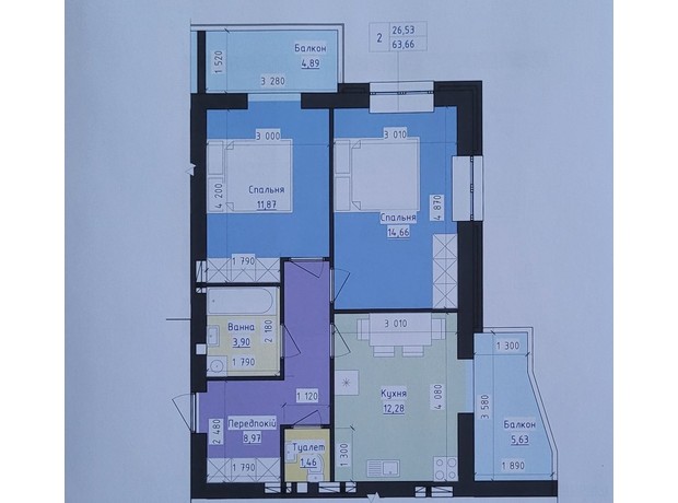 ЖК Престиж: планування 2-кімнатної квартири 63.66 м²