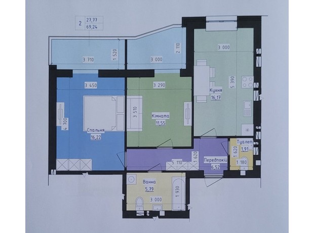 ЖК Престиж: планировка 2-комнатной квартиры 69.24 м²