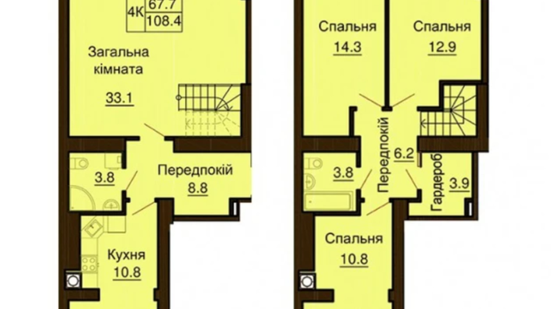 Планування багато­рівневої квартири в ЖК Софія Клубний 108.4 м², фото 367584