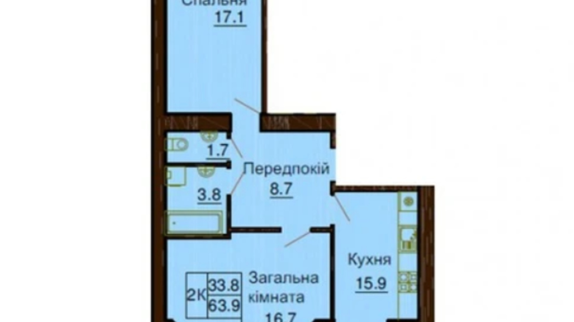 Планировка 2-комнатной квартиры в ЖК София Клубный 63.9 м², фото 367585