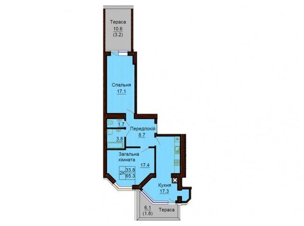 ЖК София Клубный: планировка 2-комнатной квартиры 65.3 м²