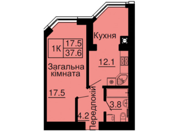 ЖК Софія Клубний: планування 1-кімнатної квартири 37.6 м²