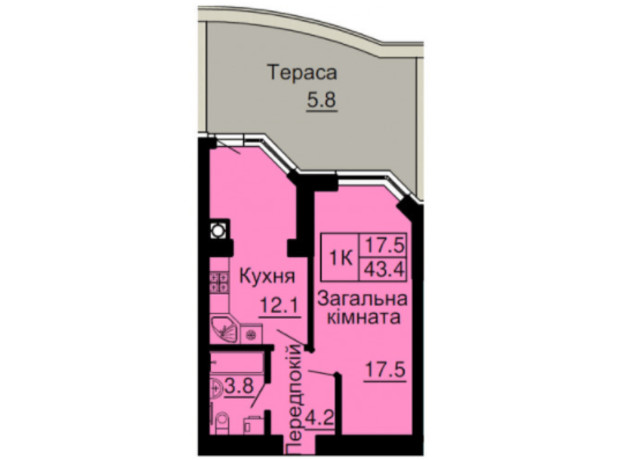 ЖК Софія Клубний: планування 1-кімнатної квартири 43.4 м²