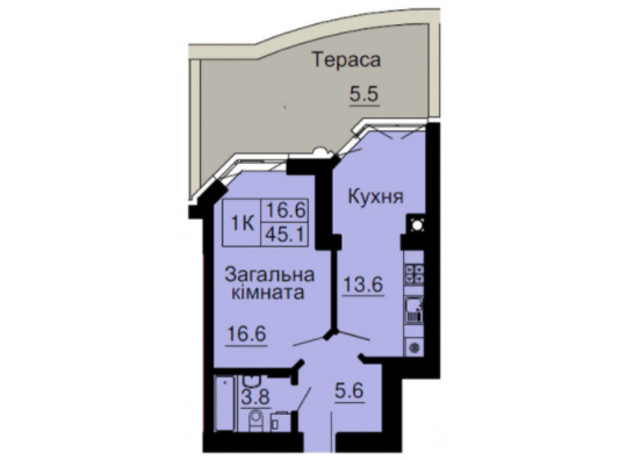 ЖК София Клубный: планировка 1-комнатной квартиры 45.1 м²