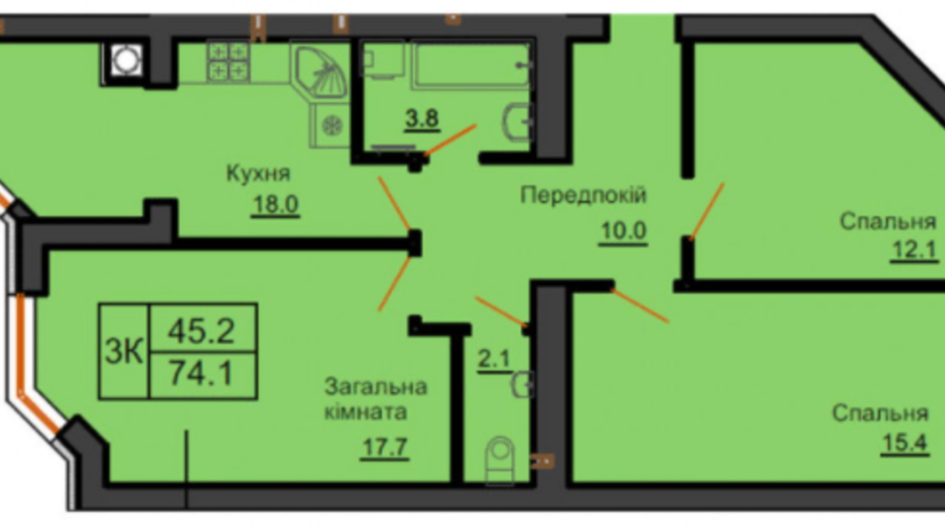 Планировка 3-комнатной квартиры в ЖК София Клубный 74.1 м², фото 367619