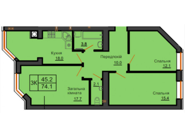 ЖК София Клубный: планировка 3-комнатной квартиры 74.1 м²