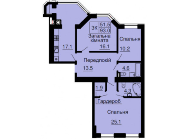 ЖК Софія Клубний: планування 3-кімнатної квартири 93 м²