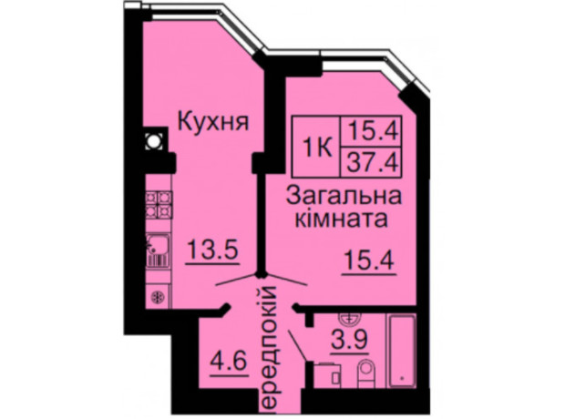 ЖК София Клубный: планировка 1-комнатной квартиры 37.4 м²