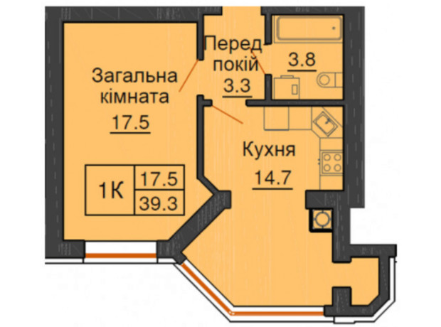 ЖК София Клубный: планировка 1-комнатной квартиры 39.3 м²