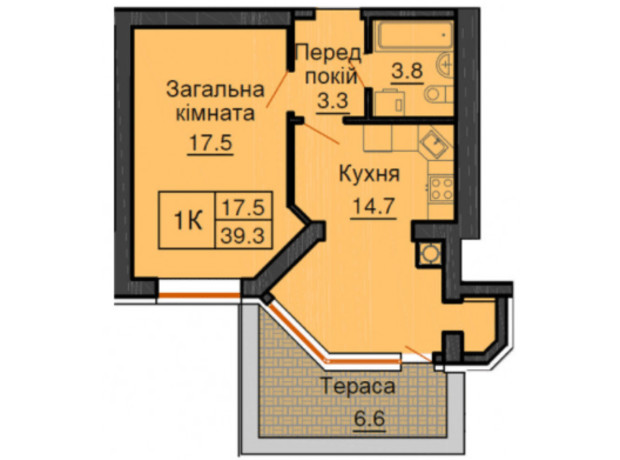 ЖК София Клубный: планировка 1-комнатной квартиры 39.3 м²