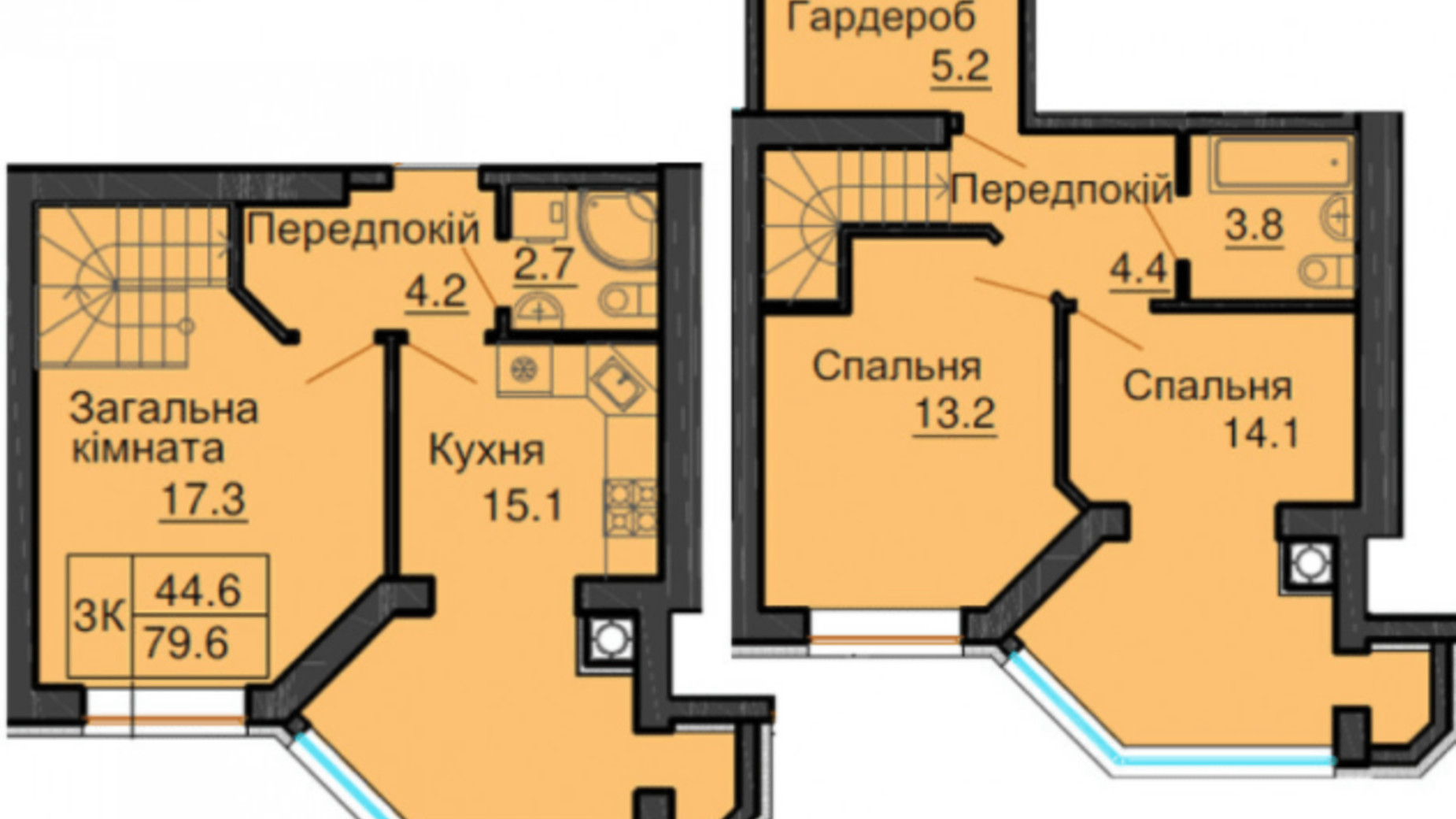 Планування багато­рівневої квартири в ЖК Софія Клубний 79.6 м², фото 367634