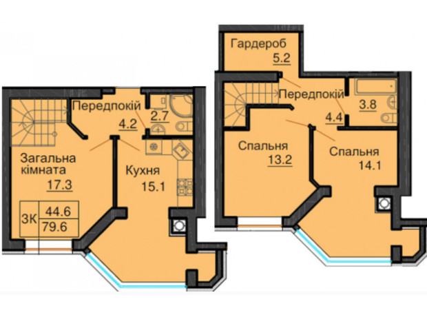 ЖК София Клубный: планировка 3-комнатной квартиры 79.6 м²