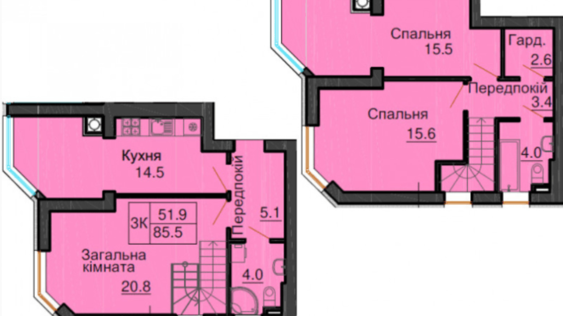 Планування багато­рівневої квартири в ЖК Софія Клубний 85.5 м², фото 367635