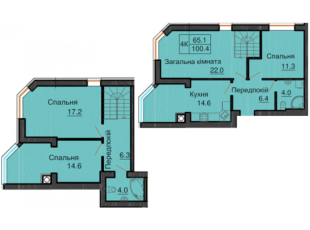 ЖК София Клубный: планировка 4-комнатной квартиры 100.4 м²